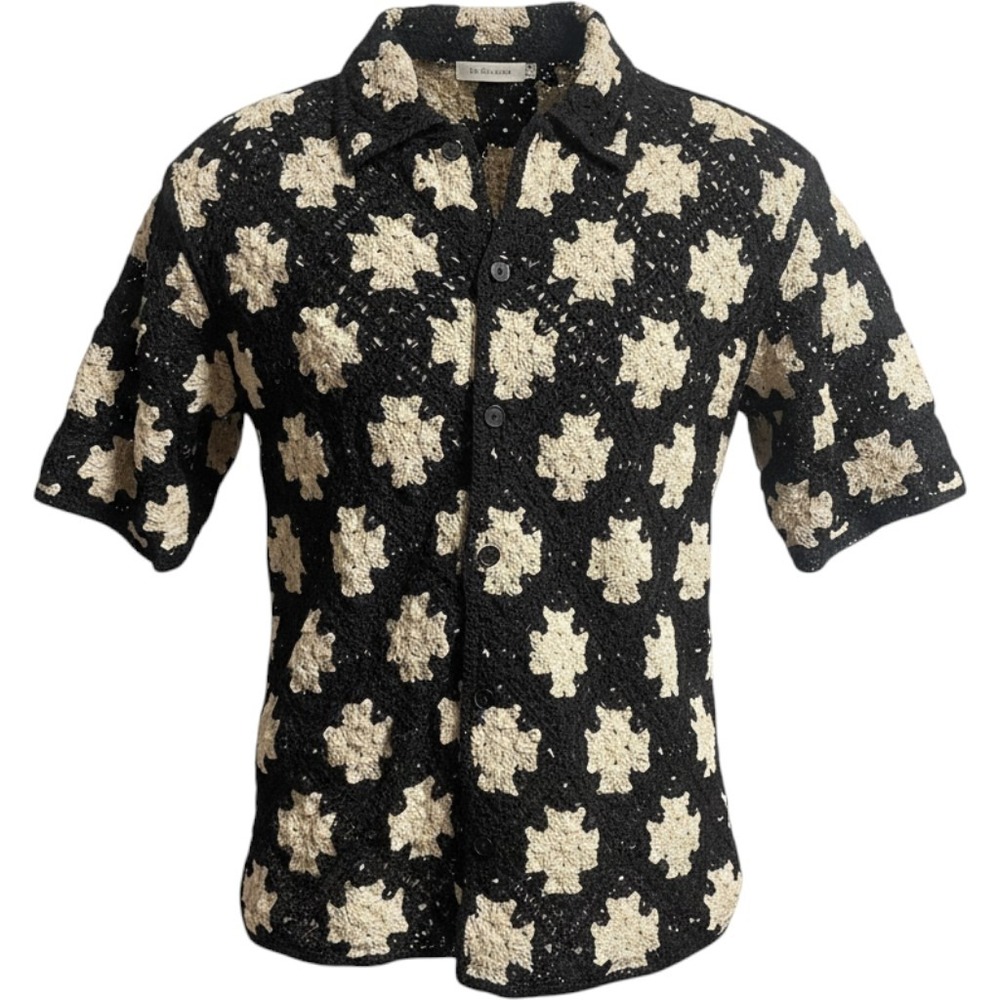 Zara Crochet Short Sleeve Button Down Shirt Men's Large